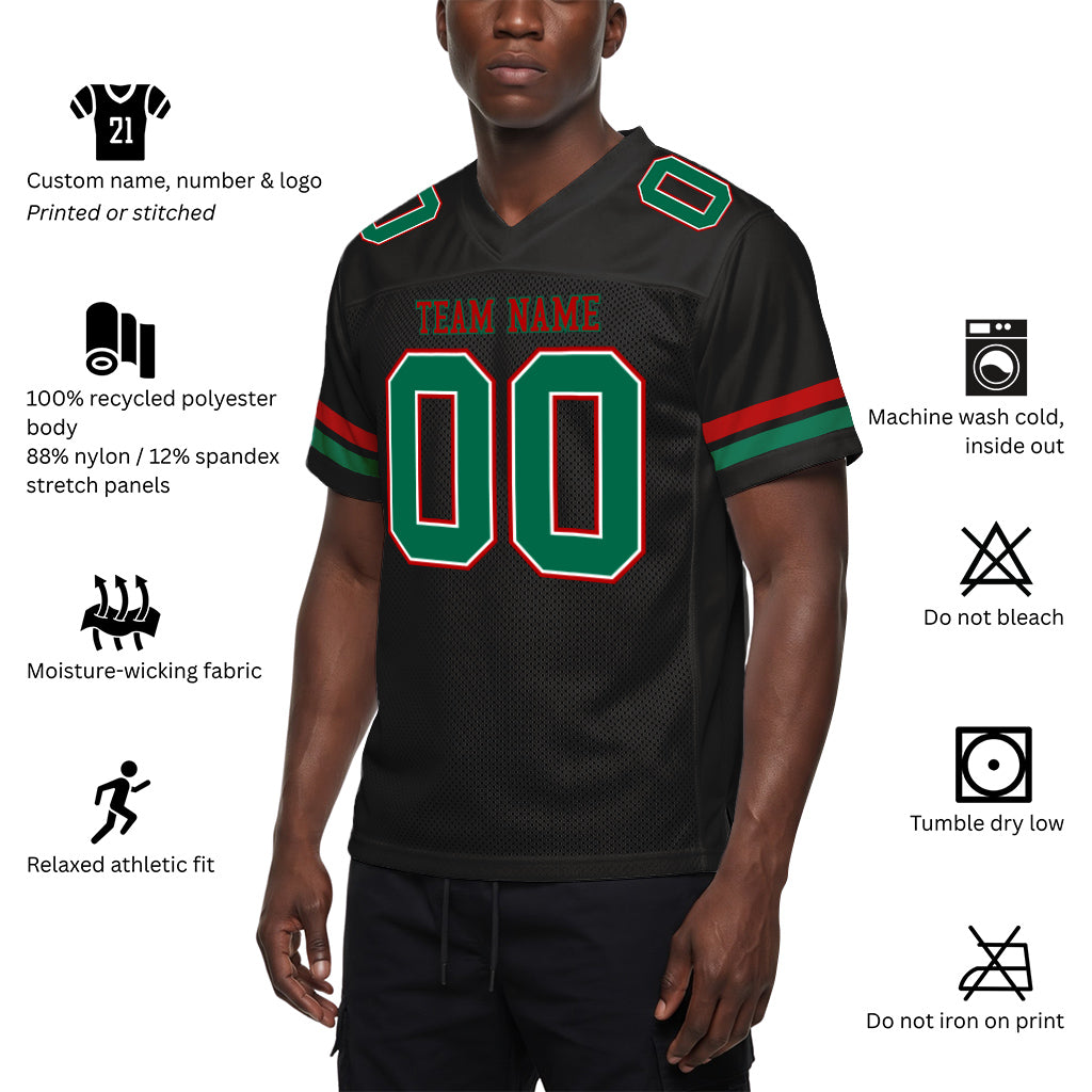 Custom Black Kelly Green-Red Mesh Football Jersey