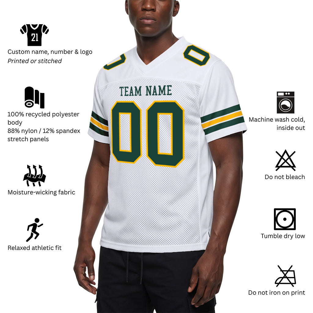 Custom White Green-Gold Mesh Football Jersey