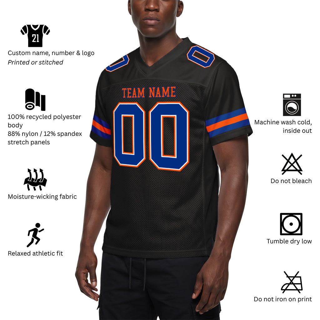 Custom Black Royal-Orange Mesh Football Jersey