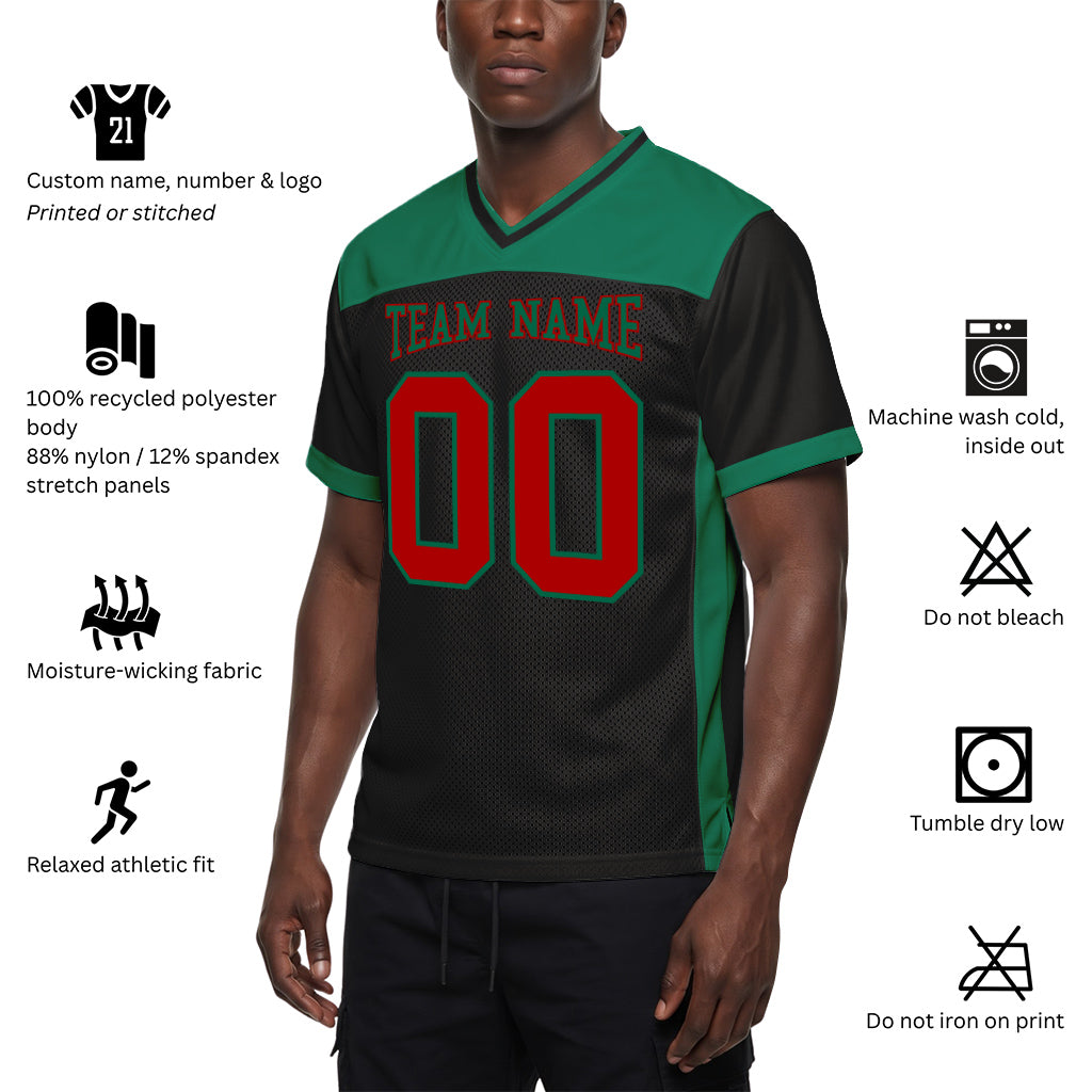 Custom Black Red-Kelly Green Mesh Football Jersey