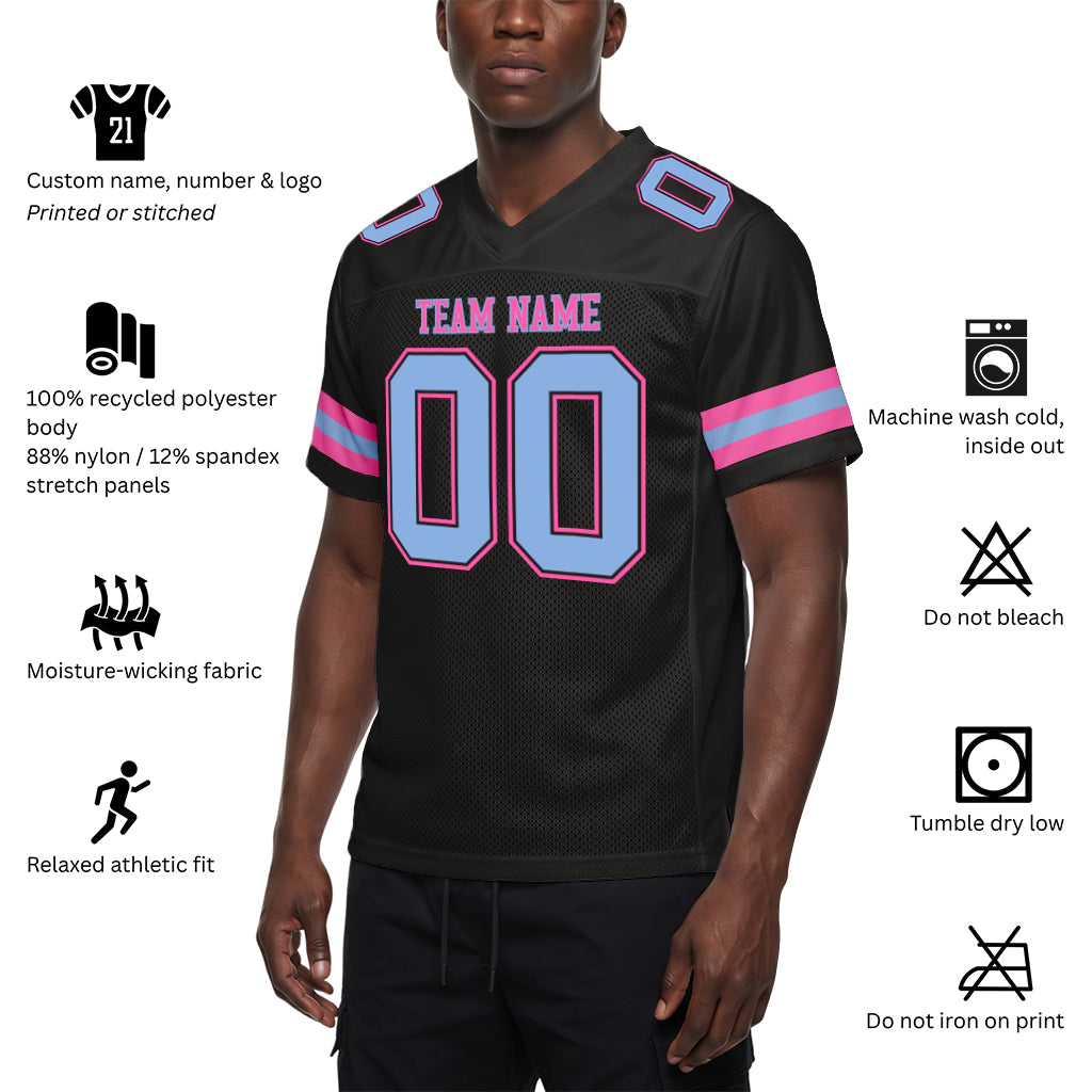 Custom Black Light Blue-Pink Mesh Football Jersey