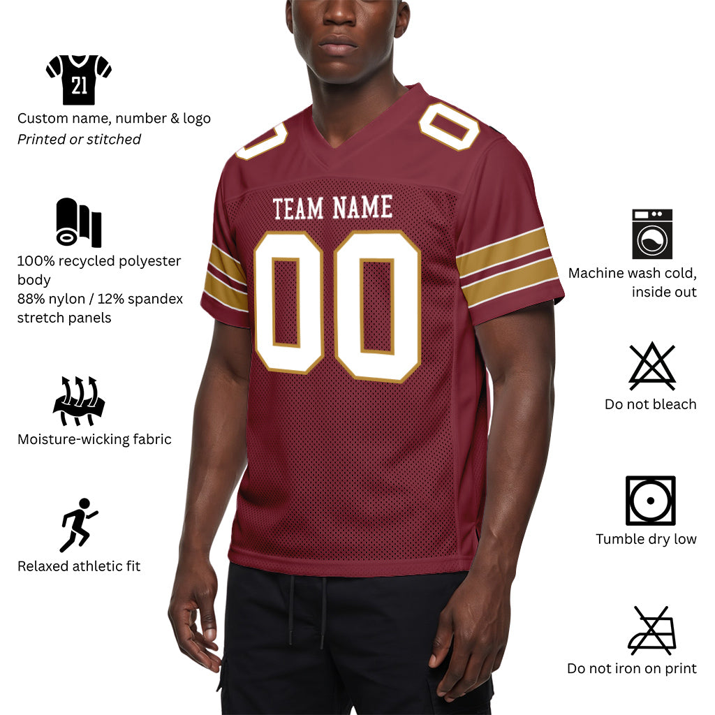 Custom Burgundy White-Old Gold Mesh Football Jersey