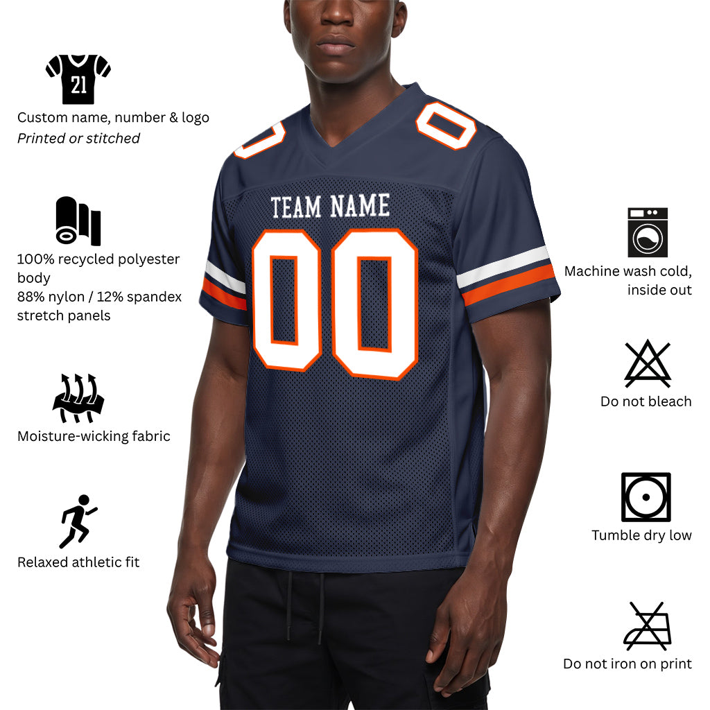 Custom Navy White-Orange Mesh Football Jersey
