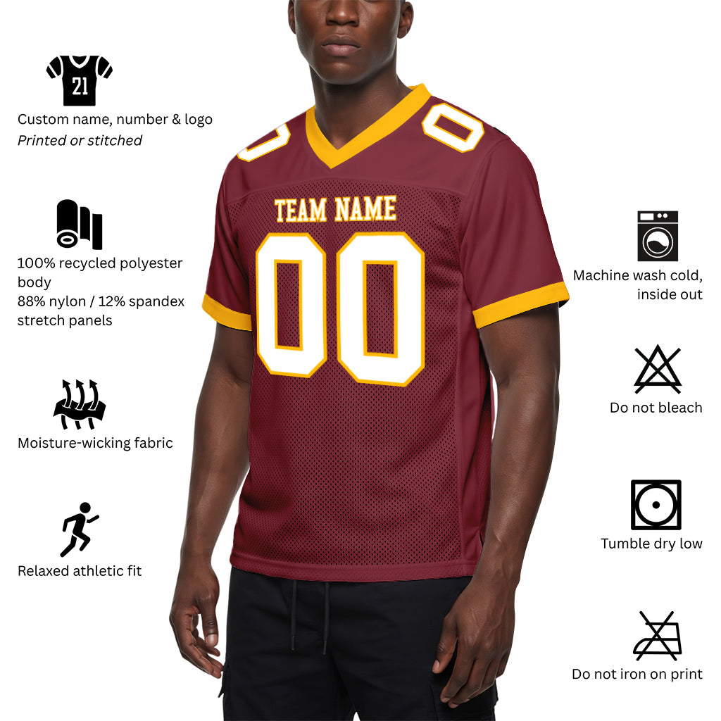 Custom Burgundy White-Gold Mesh Football Jersey