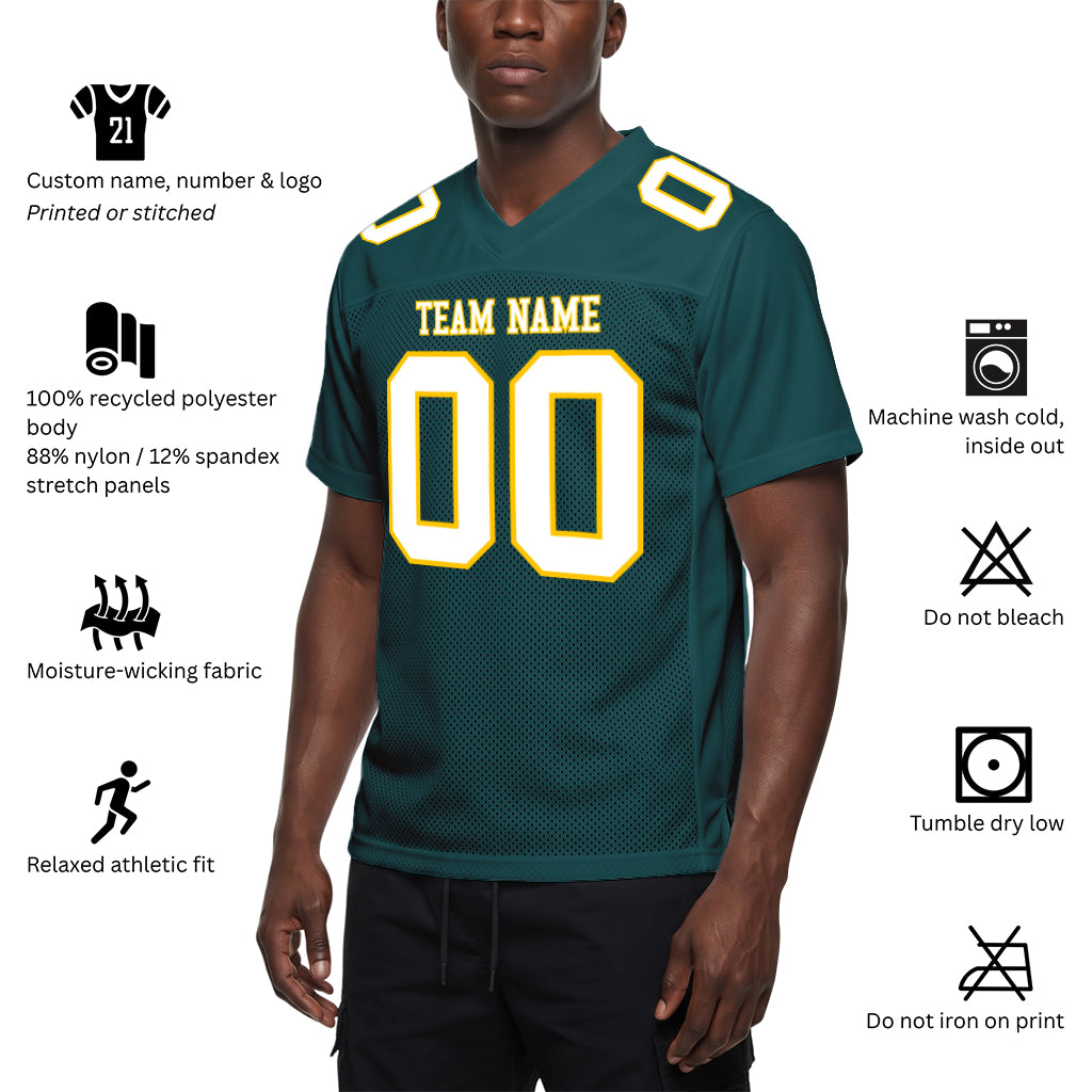 Custom Midnight Green White-Gold Mesh Football Jersey