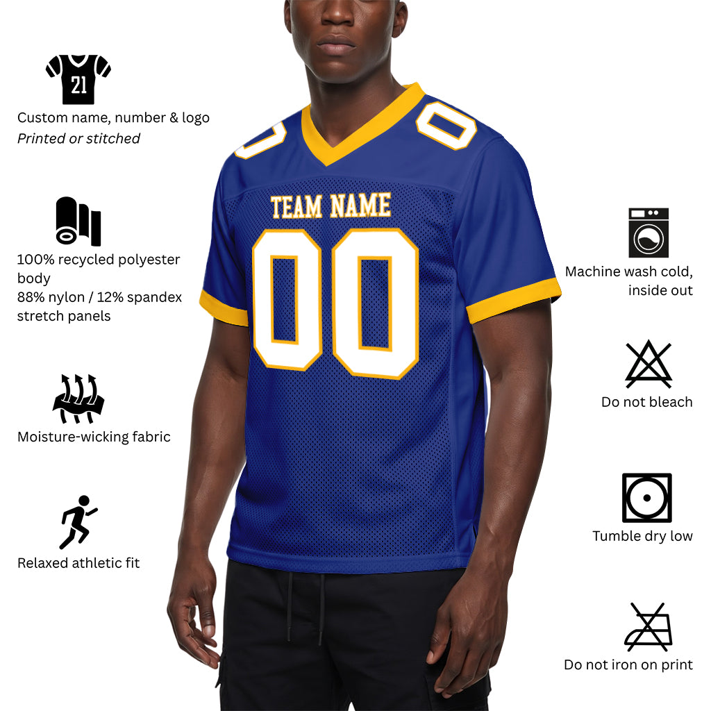 Custom Royal White-Gold Mesh Football Jersey