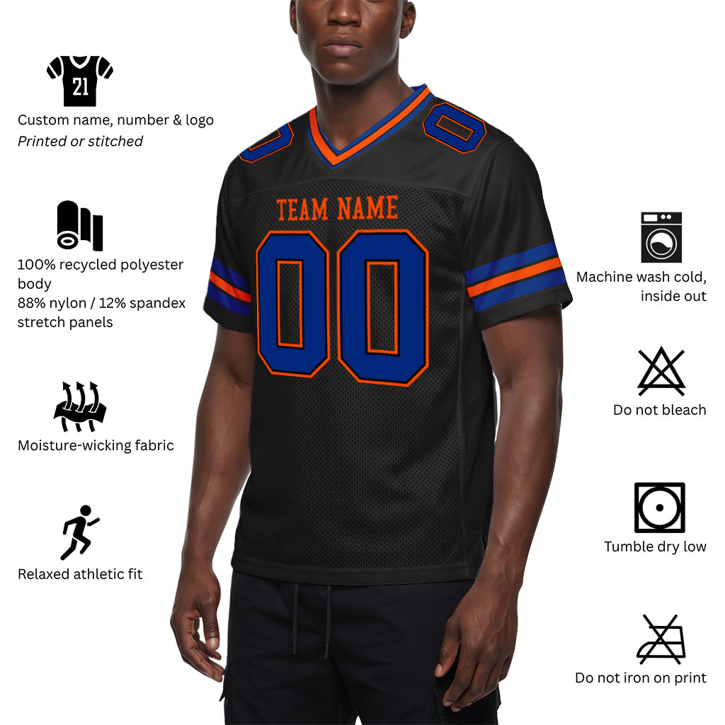 Custom Black Royal-Orange Mesh Football Jersey