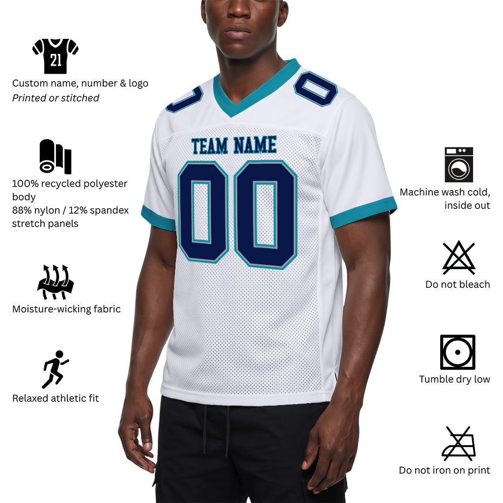 Custom White Navy Gray-Teal Mesh Football Jersey
