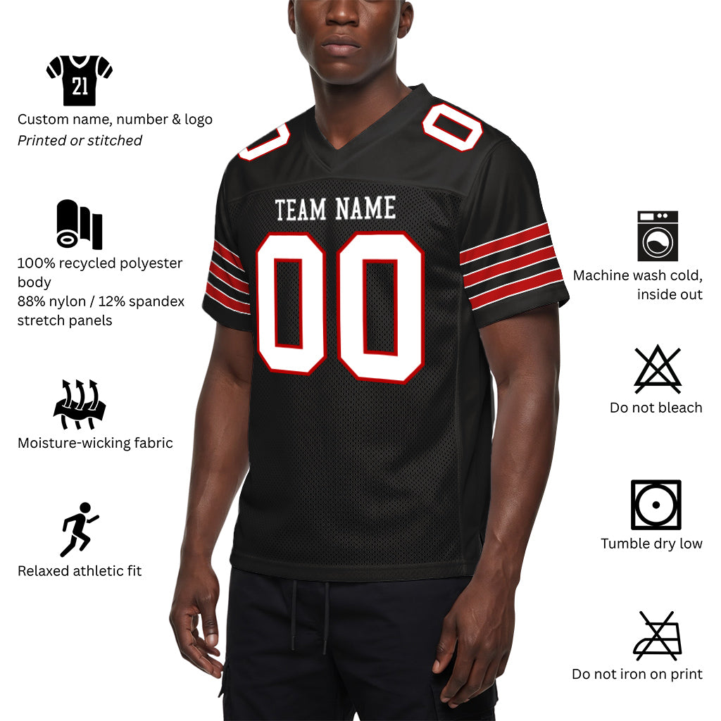 Custom Black White-Scarlet Custom Name Mesh Football Jersey