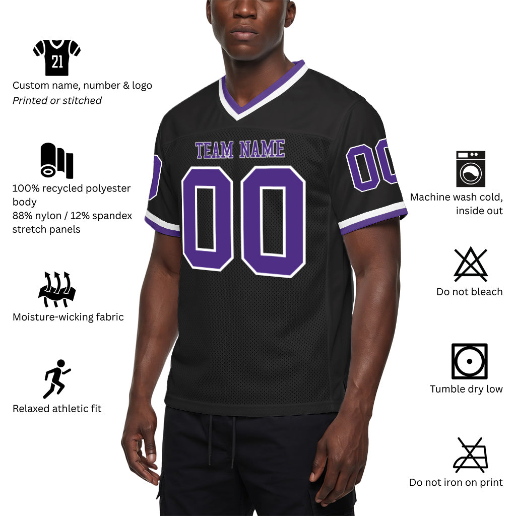 Custom Black Purple-White Mesh Football Jersey