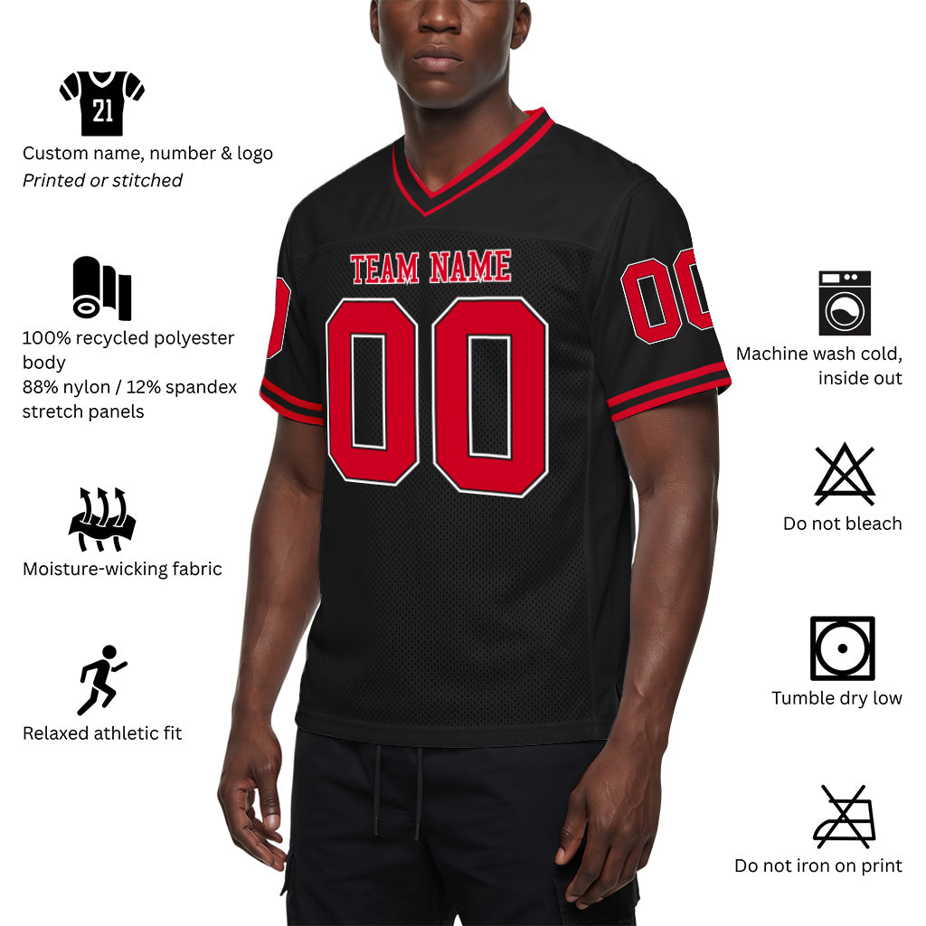 Custom Black Red-White Mesh Football Jersey