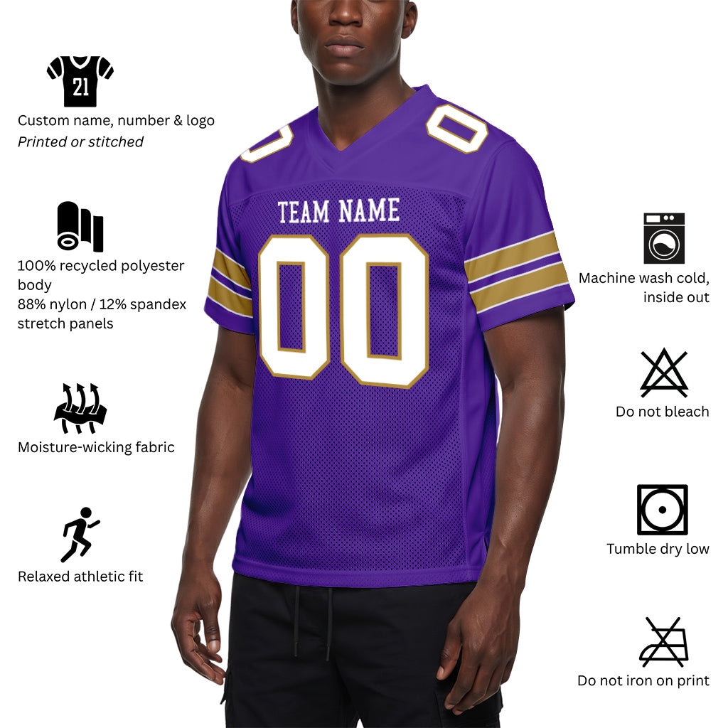 Custom Purple White-Old Gold Mesh Football Jersey
