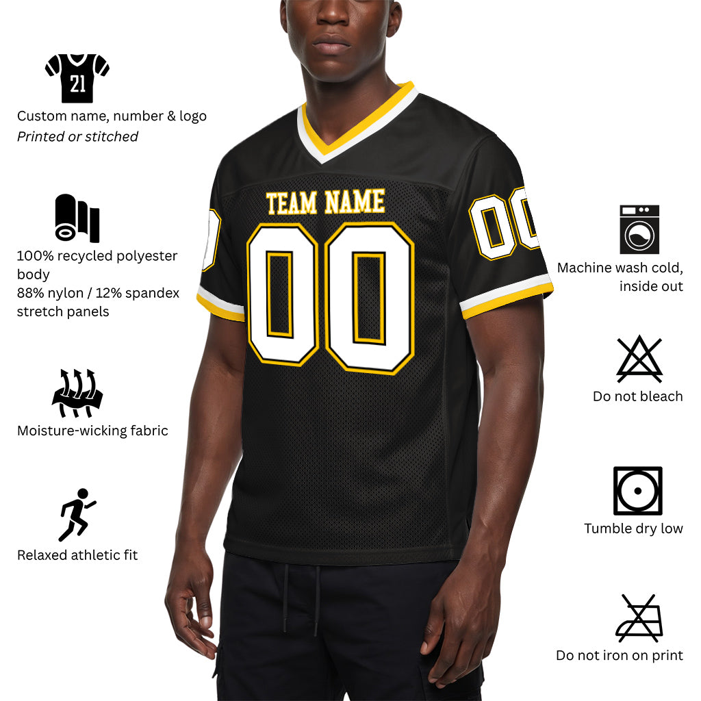 Custom Black White-Gold Mesh Throwback Mesh Football Jersey