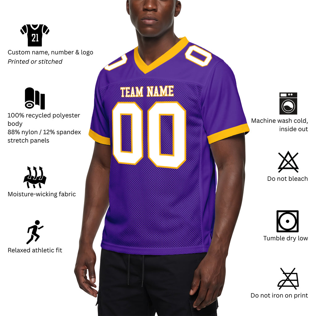 Custom Purple White-Gold Mesh Football Jersey