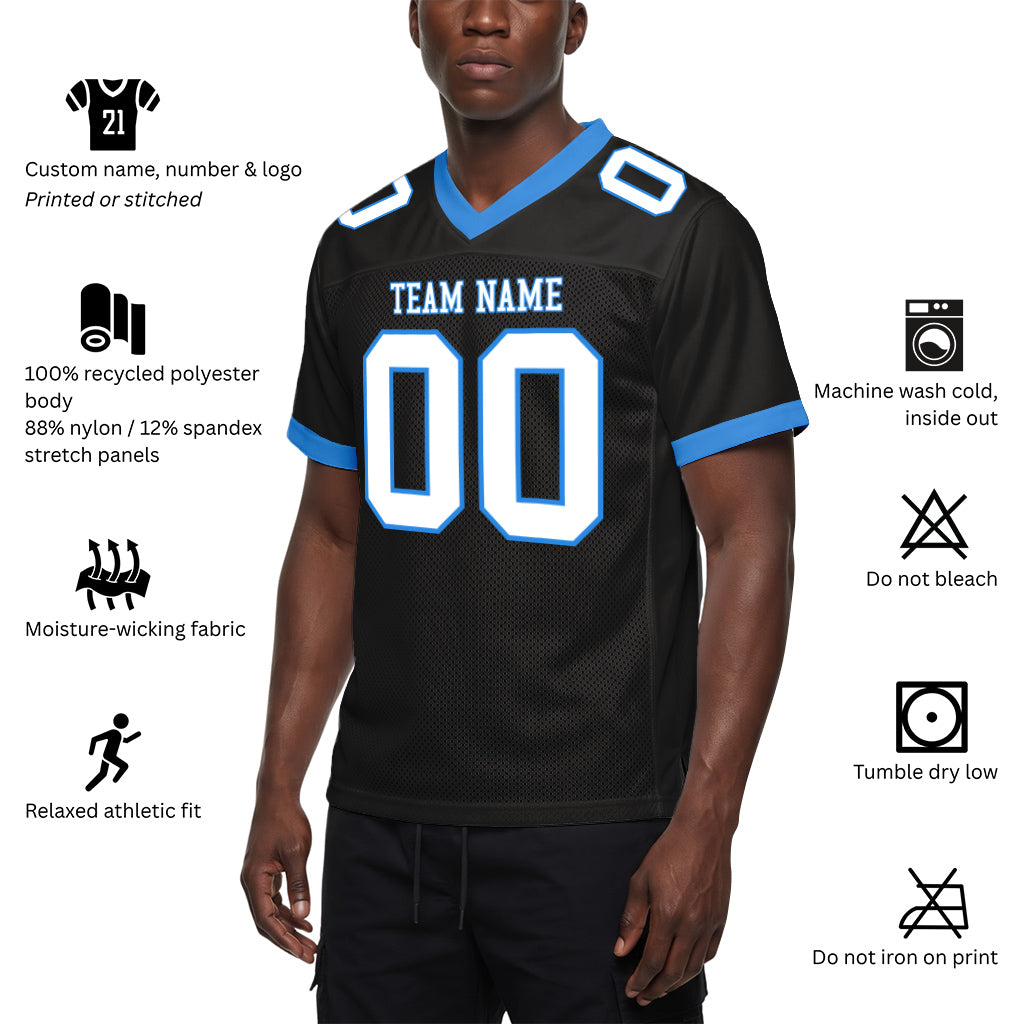 Custom Black White-Electric Blue Mesh Football Jersey