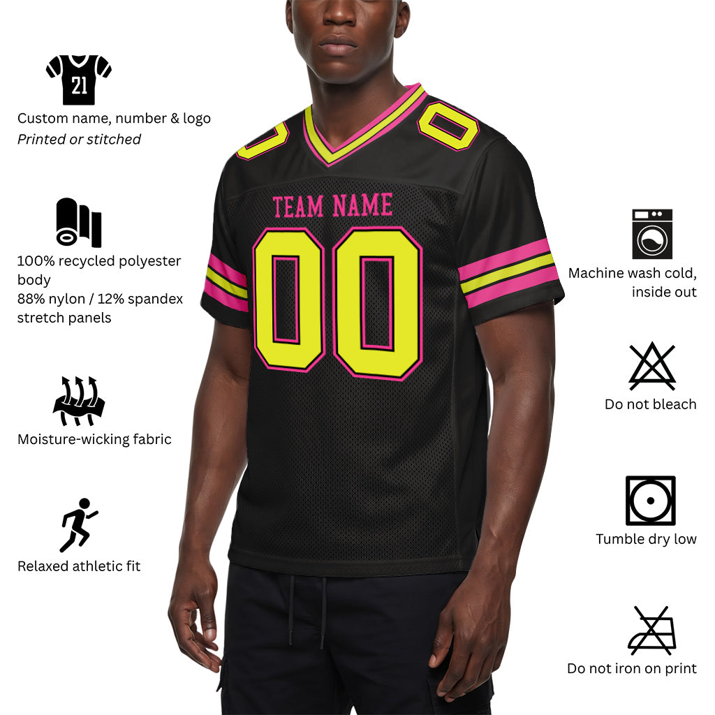 Custom Black Neon Yellow-Pink Mesh Football Jersey