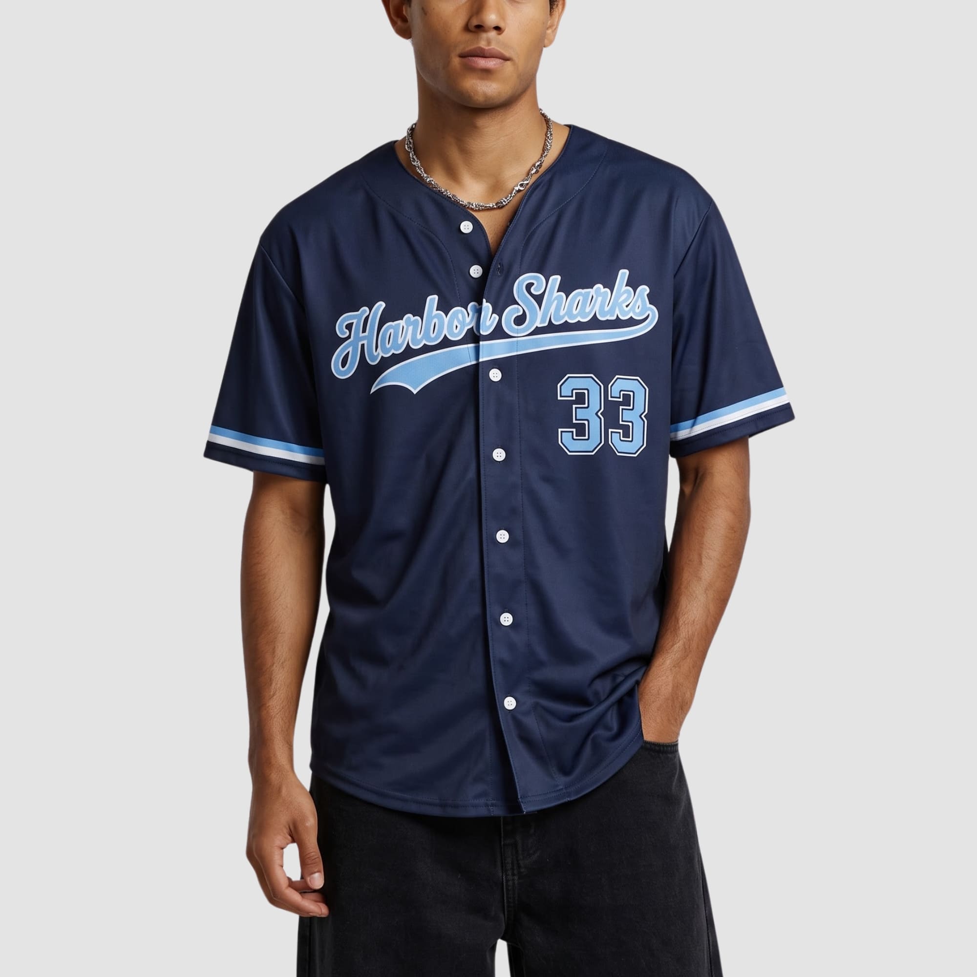 Custom Navy Light Blue-White Collar Sleeve Feature Baseball Jersey