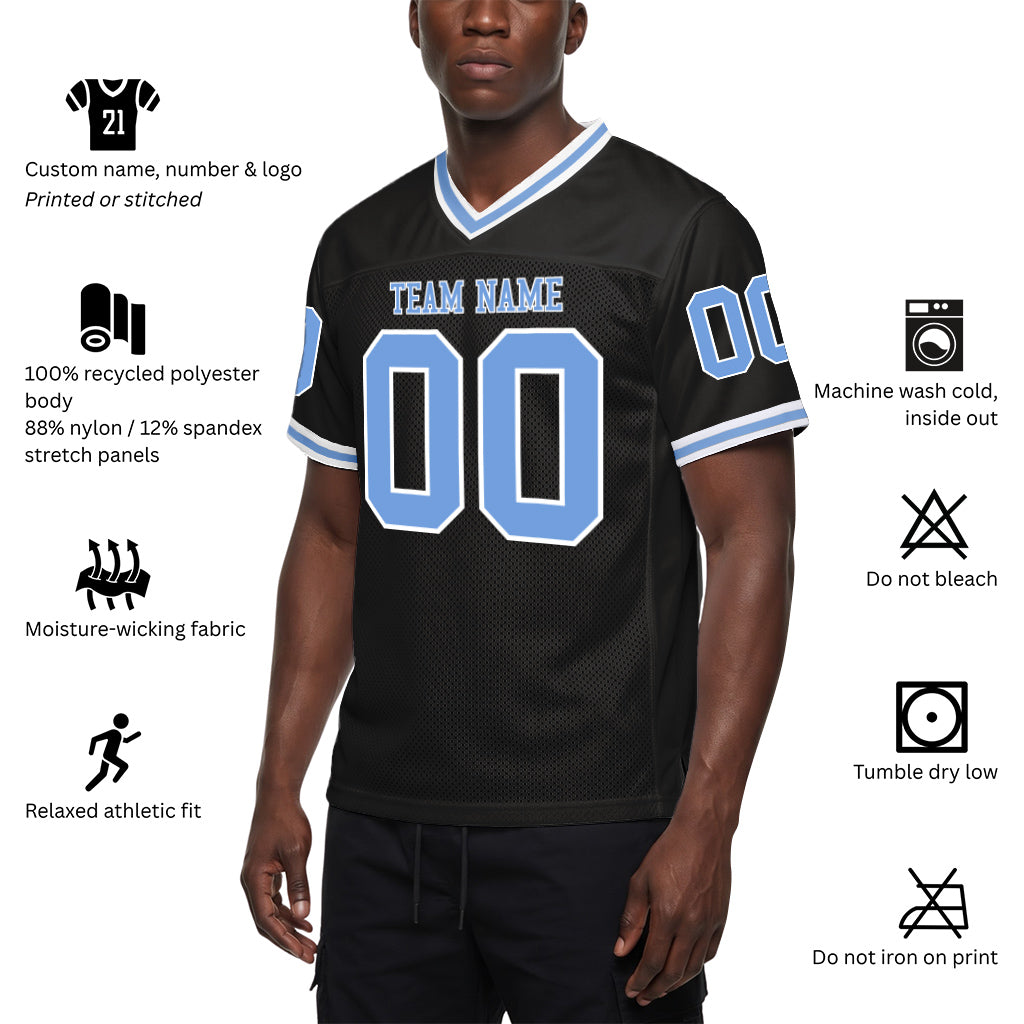 Custom Black Light Blue-White Mesh Throwback Mesh Football Jersey