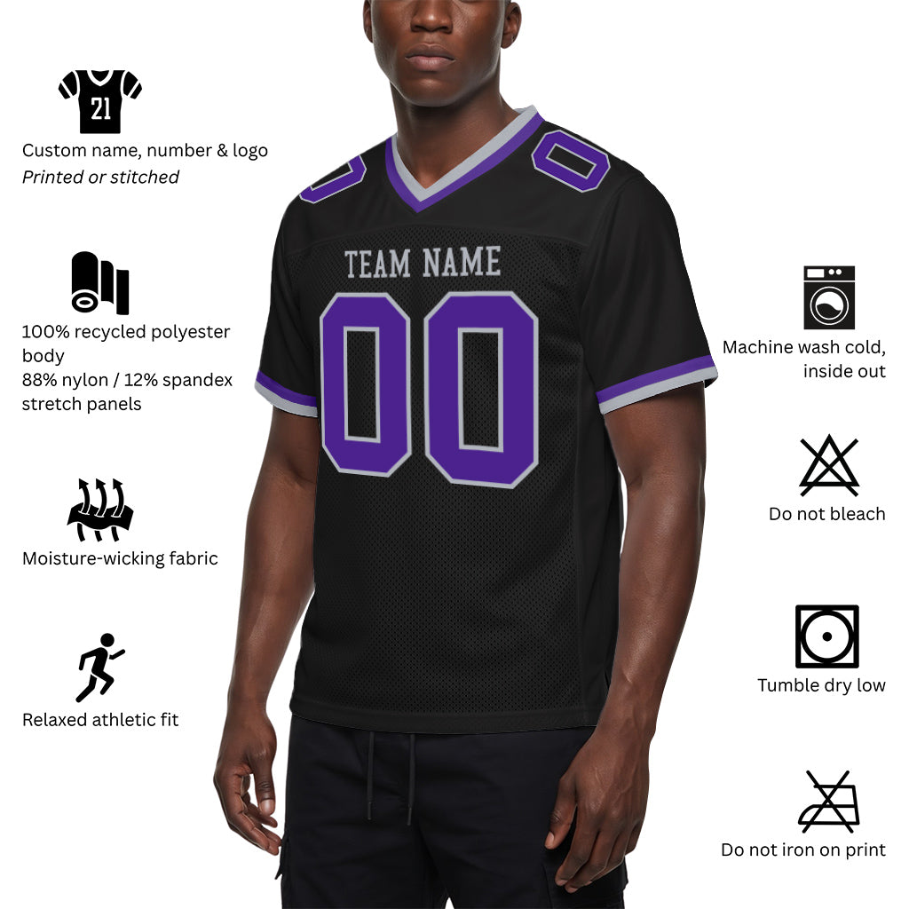 Custom Black Purple-Gray Mesh Football Jersey