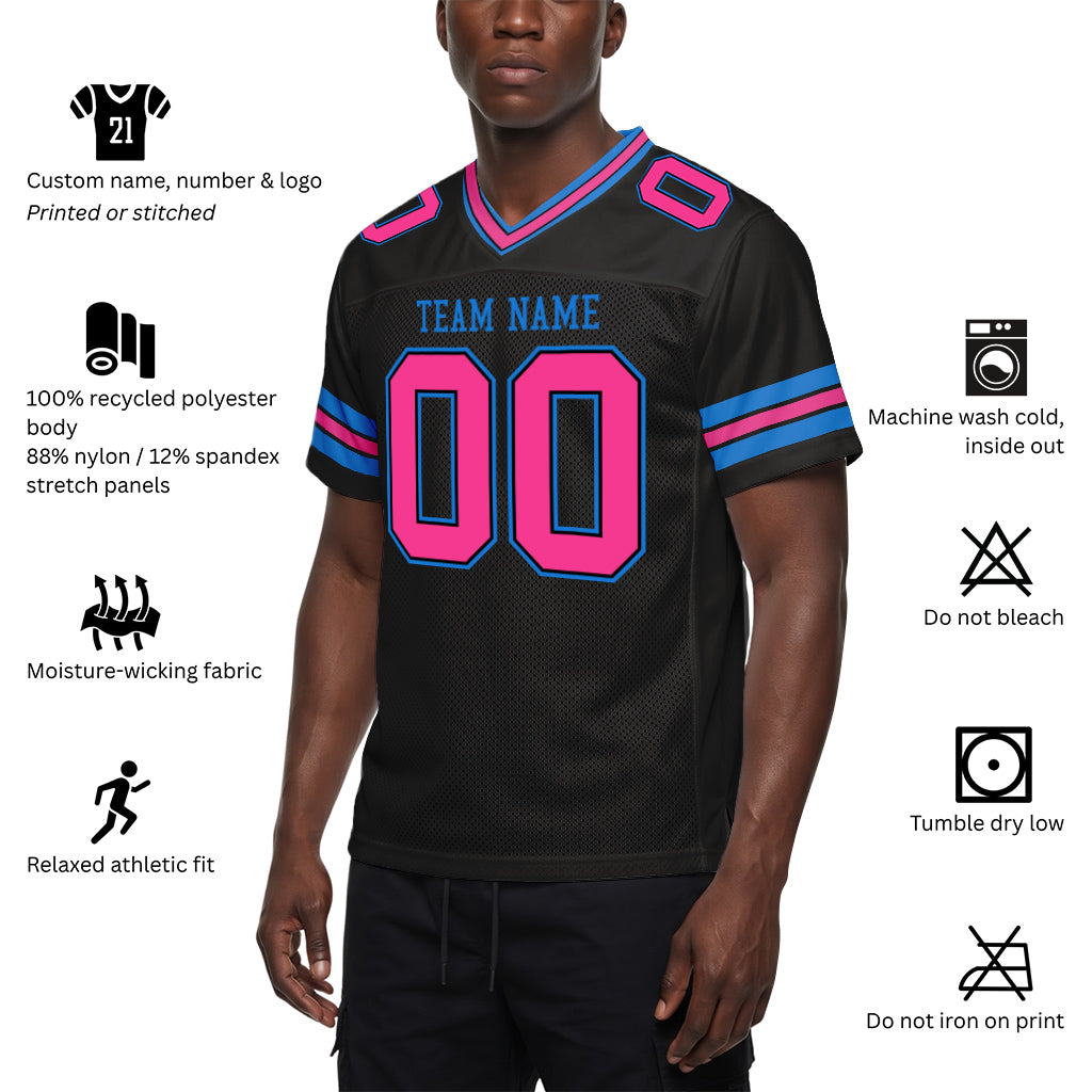 Custom Black Pink-Electric Blue Mesh Football Jersey