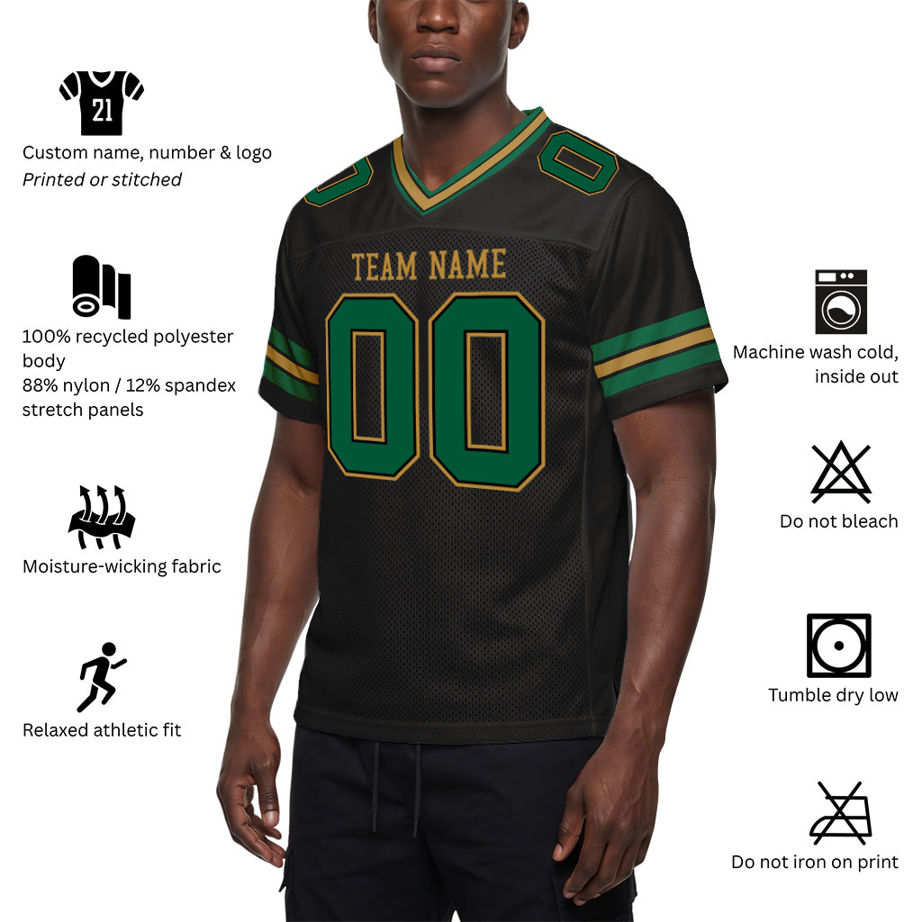 Custom Black Kelly Green-Old Gold Mesh Football Jersey
