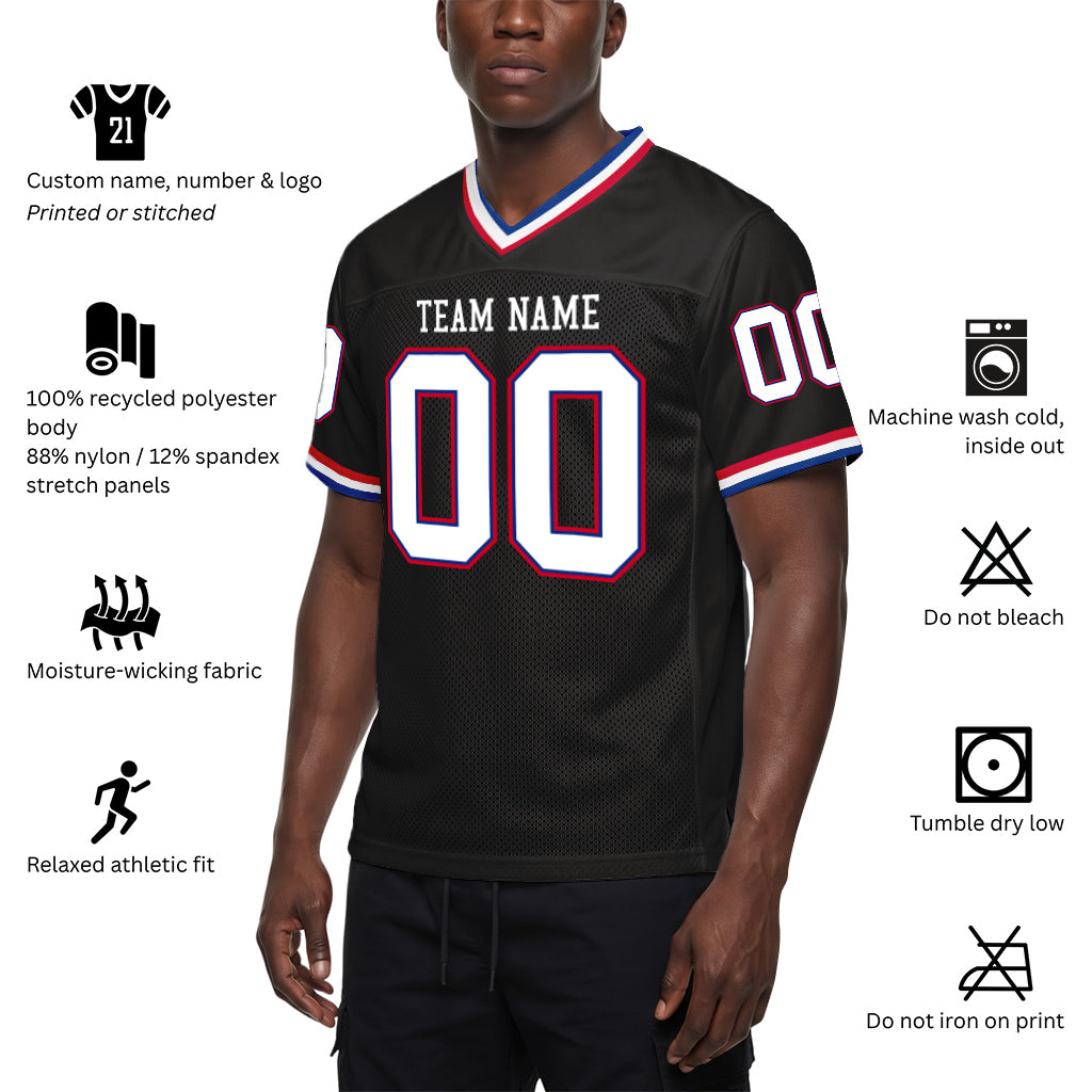 Custom Black Royal-Red Mesh Throwback Mesh Football Jersey