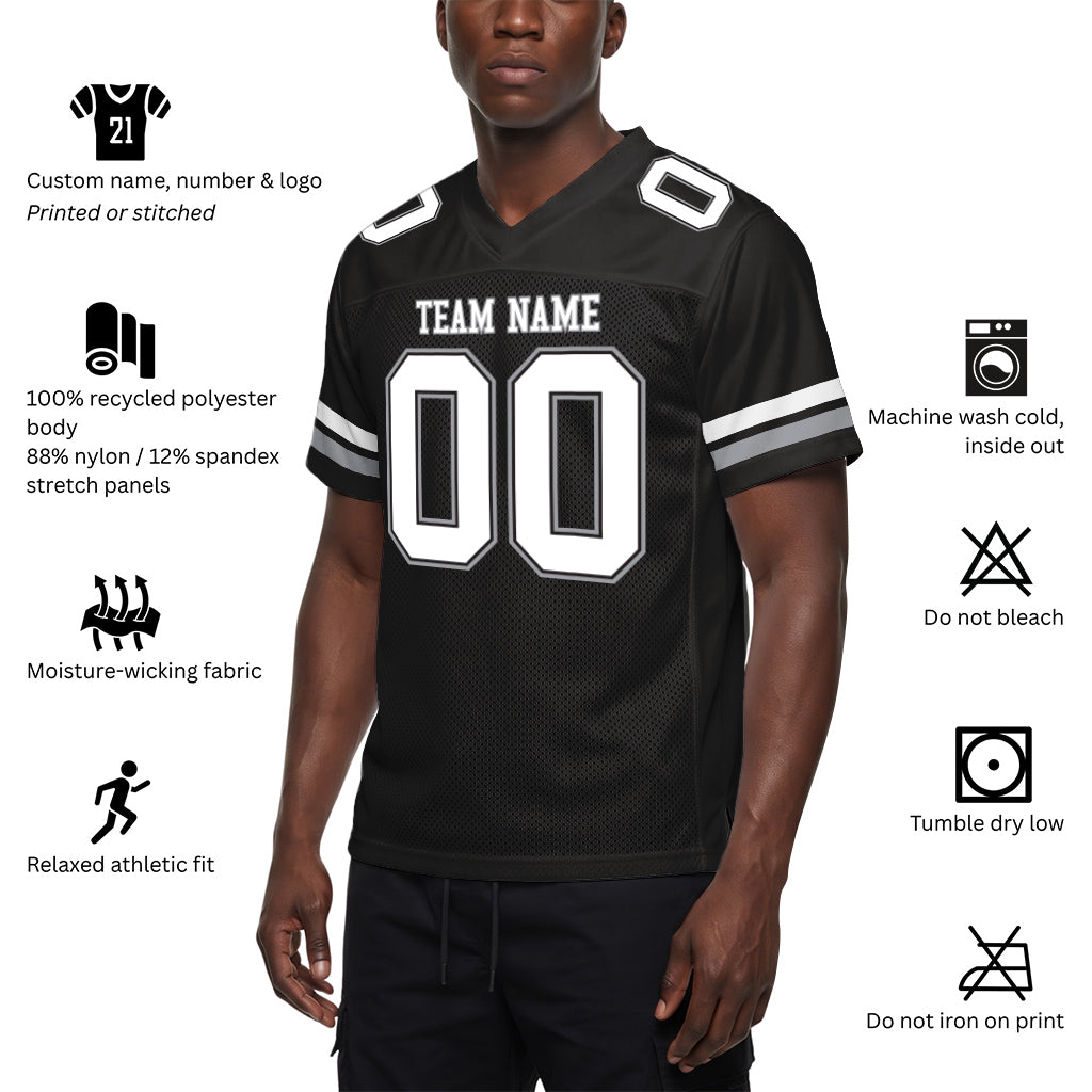 Custom Black White-Gray Custom Name Mesh Football Jersey