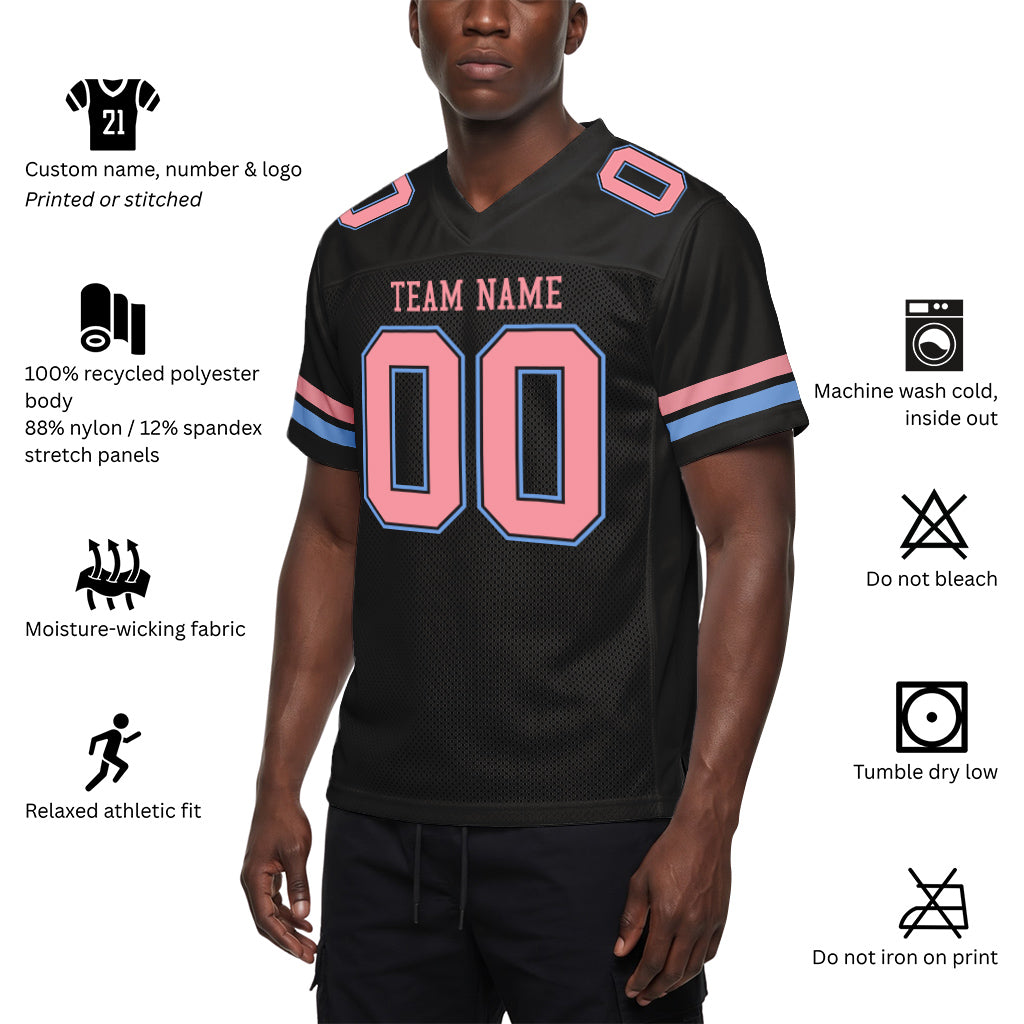 Custom Black Medium Pink-Light Blue Mesh Football Jersey