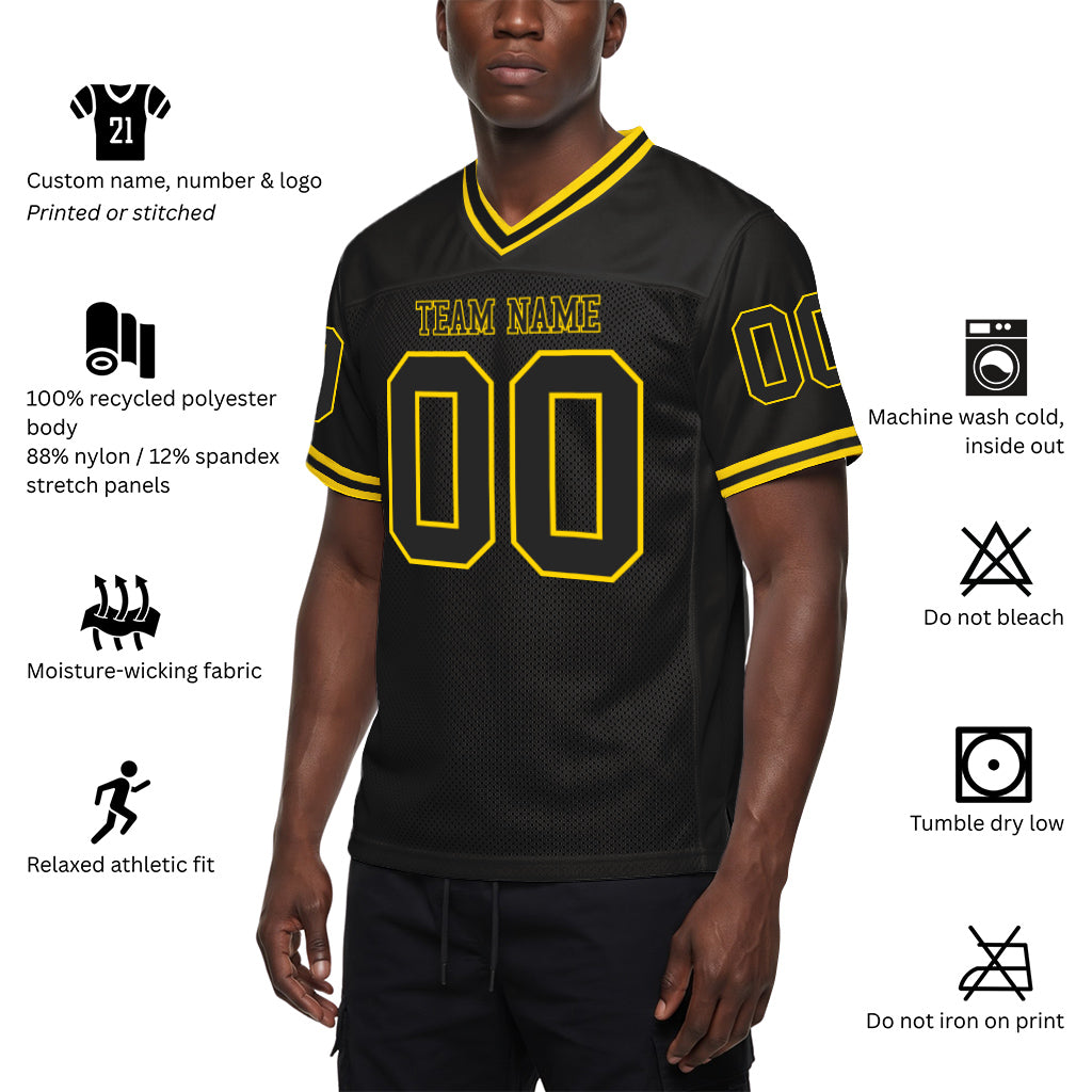 Custom Black Black-Gold Mesh Throwback Mesh Football Jersey