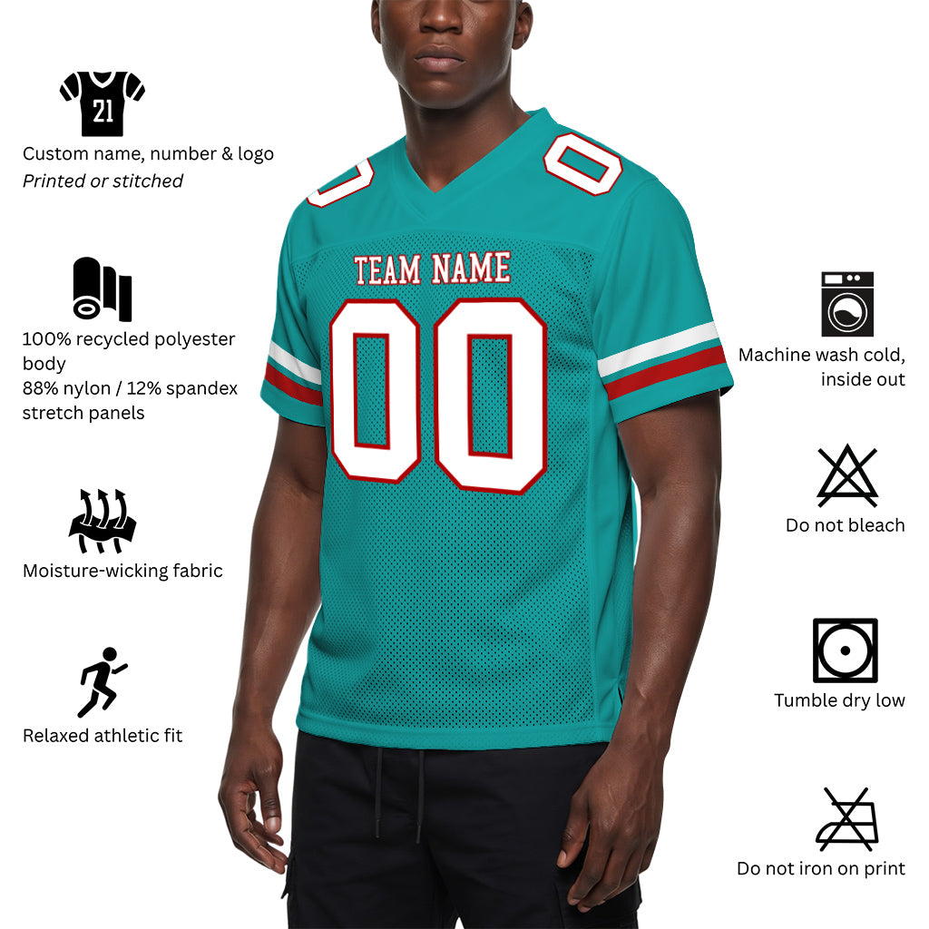 Custom Aqua White-Red Mesh Football Jersey