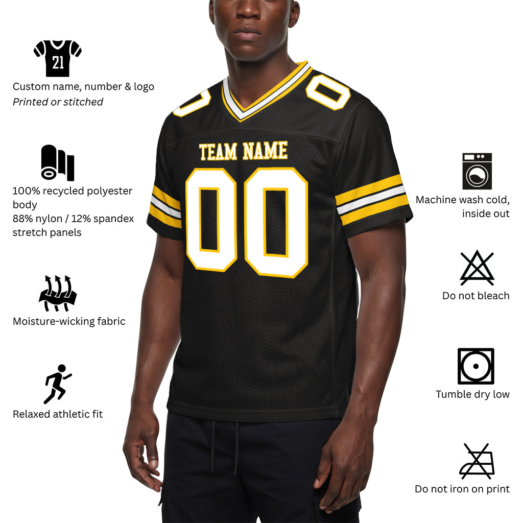 Custom Black White-Gold Mesh Football Jersey
