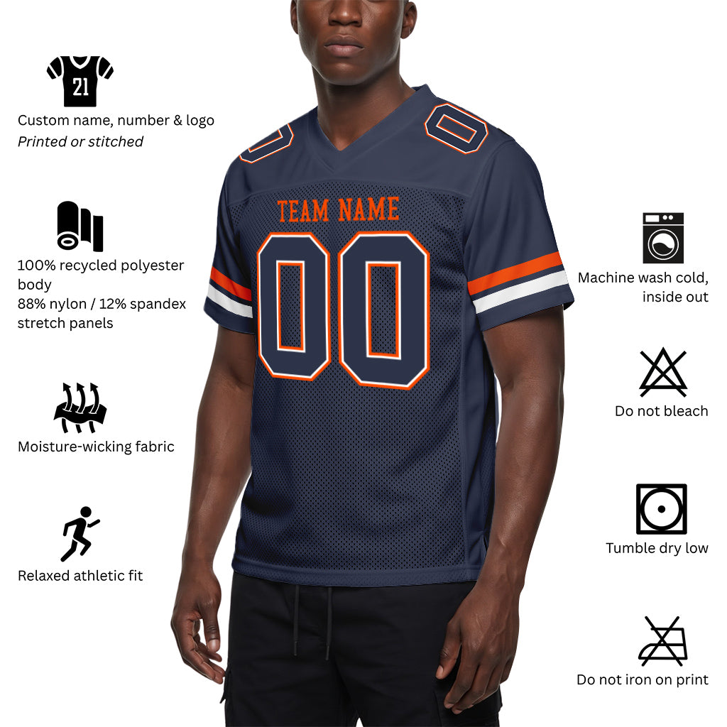 Custom Navy White-Orange Mesh Football Jersey