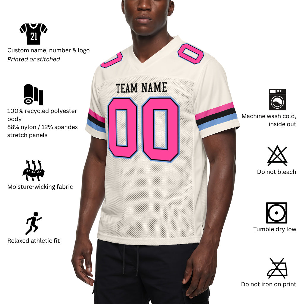 Custom Cream Pink Black-Light Blue Mesh Football Jersey