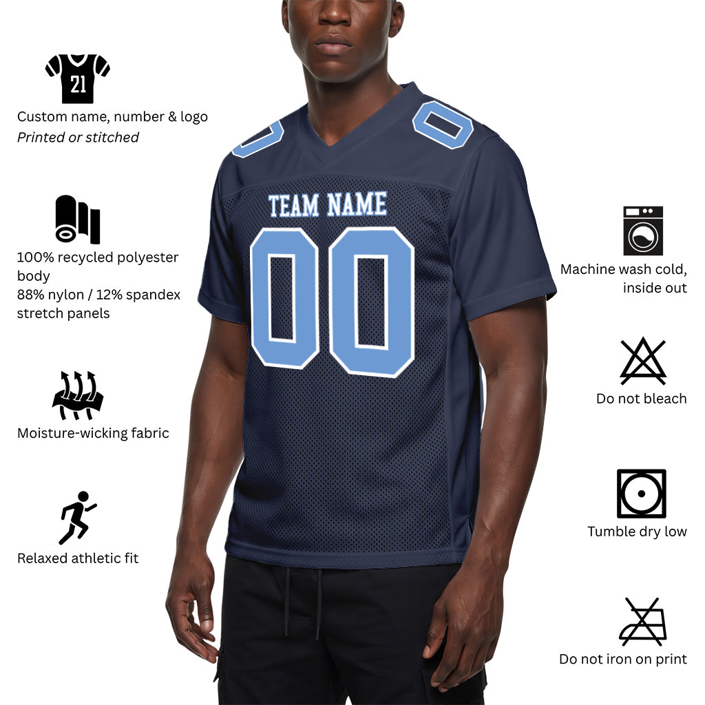Custom Navy Light Blue-White Mesh Football Jersey