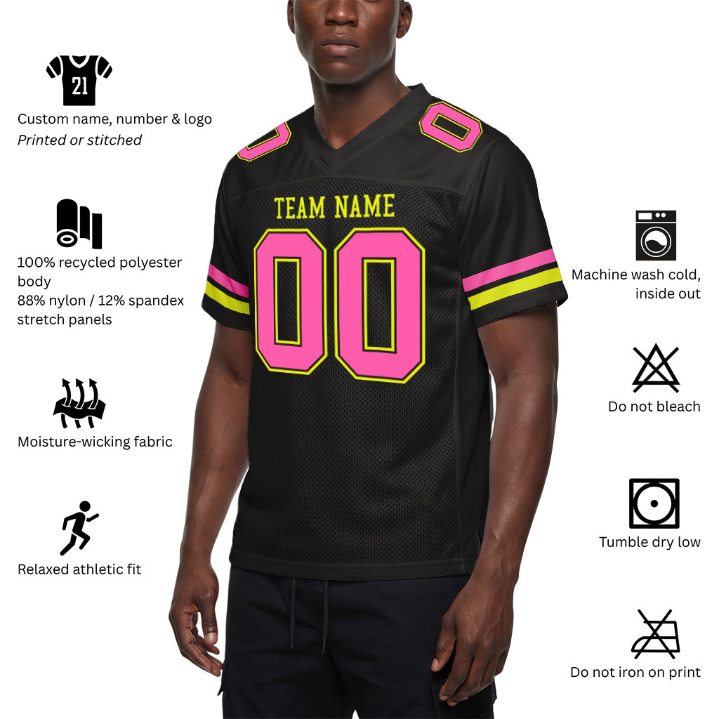 Custom Black Pink-Neon Yellow Mesh Football Jersey