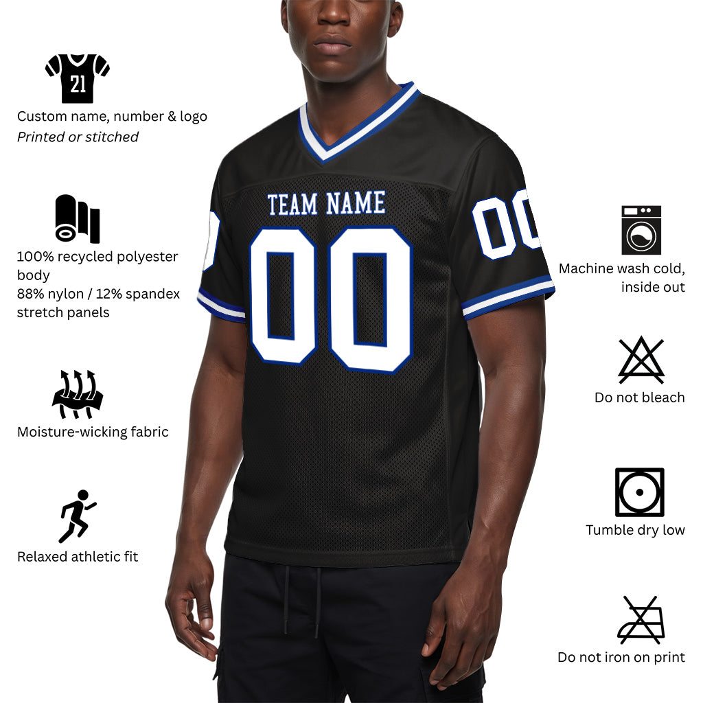 Custom Black White-Royal Mesh Throwback Mesh Football Jersey