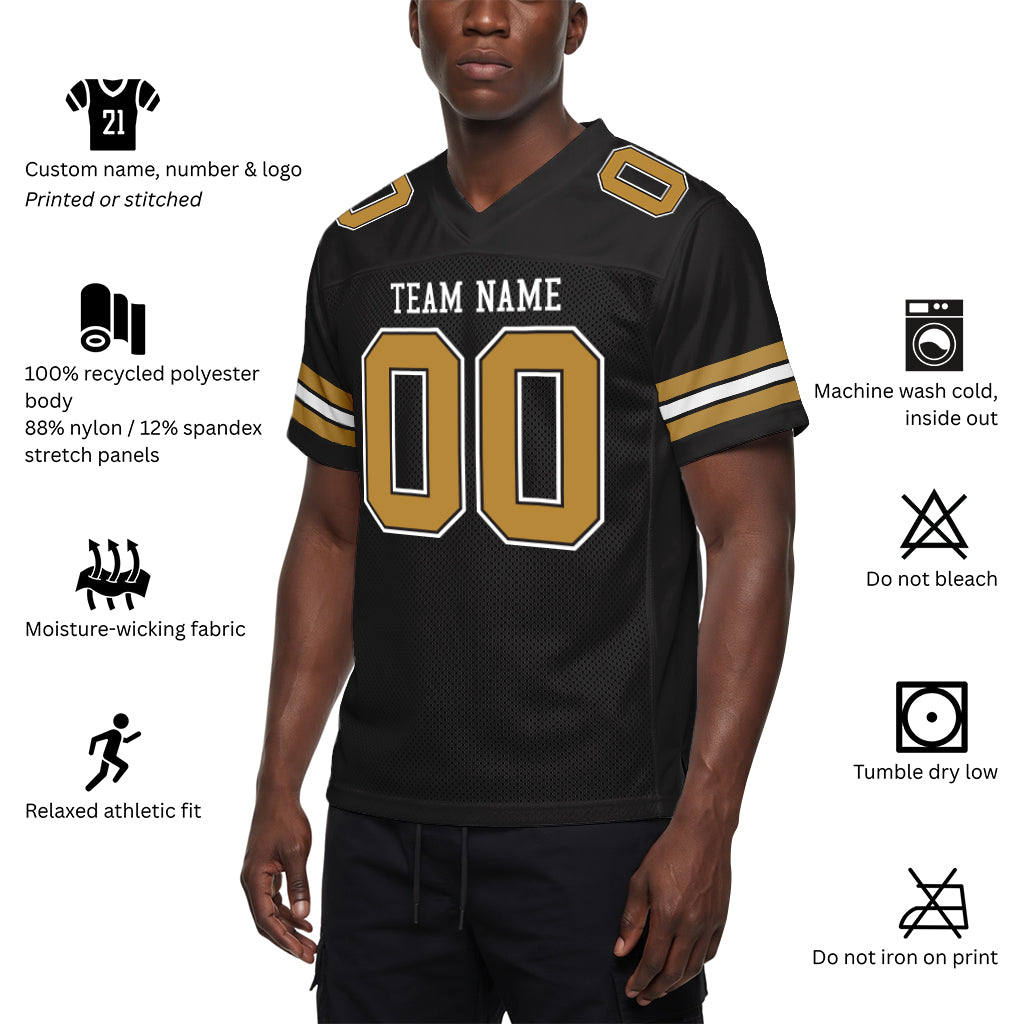 Custom Black Old Gold-White Mesh Football Jersey