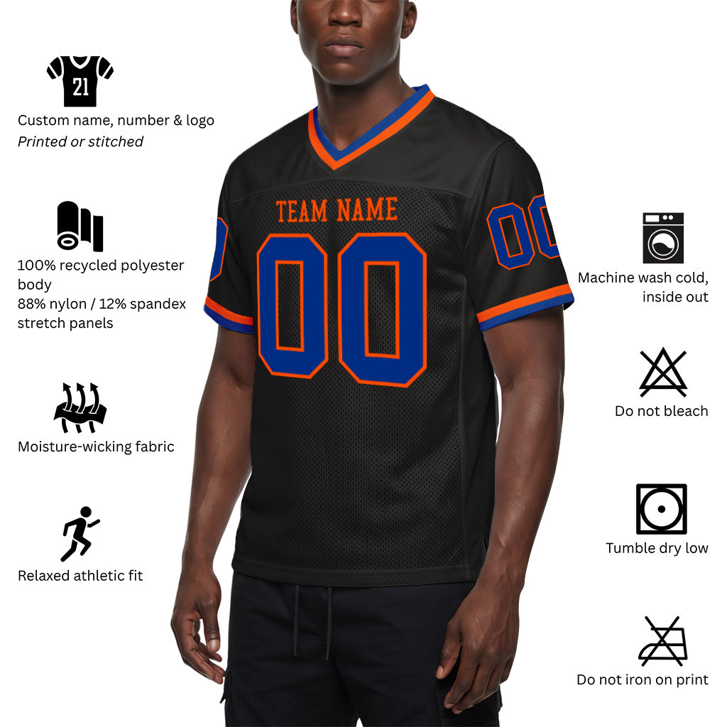 Custom Black Royal-Orange Mesh Throwback Mesh Football Jersey