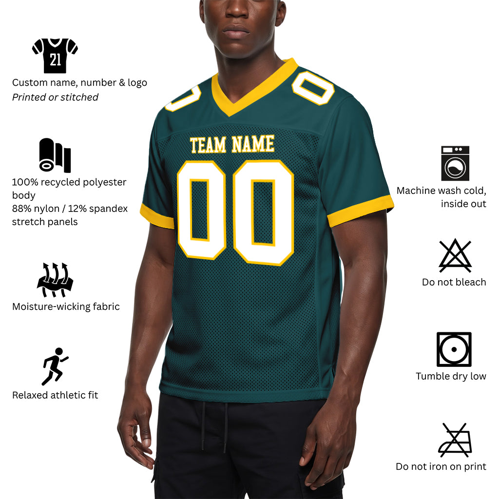 Custom Midnight Green White-Gold Mesh Football Jersey