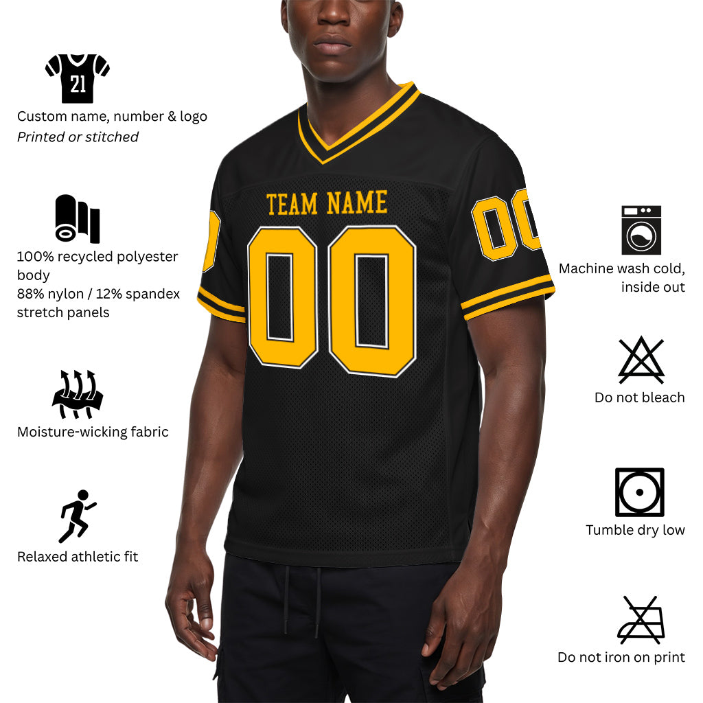 Custom Black Gold-White Mesh Football Jersey