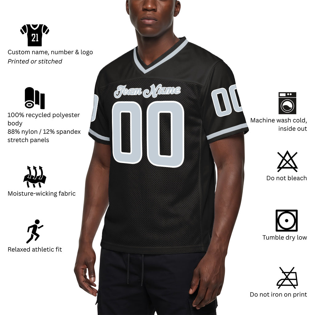 Custom Black Silver-White Throwback Custom Name Mesh Football Jersey