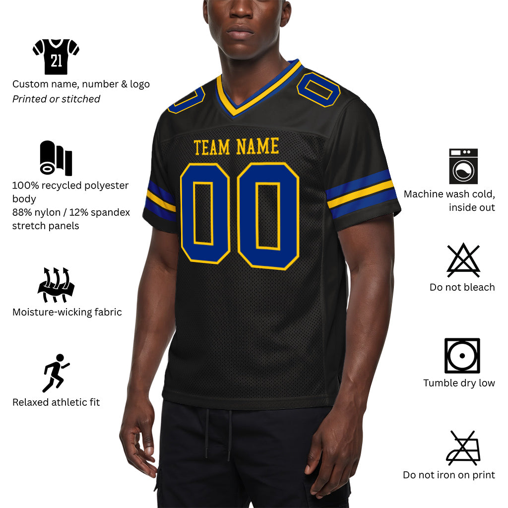 Custom Black Royal-Yellow Custom Name Mesh Football Jersey