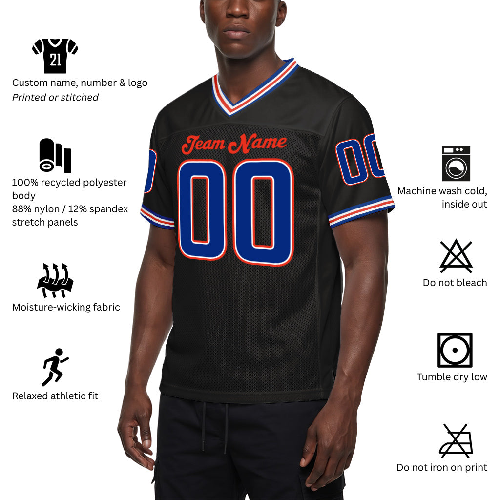 Custom Black Royal-Orange Mesh Throwback Mesh Football Jersey