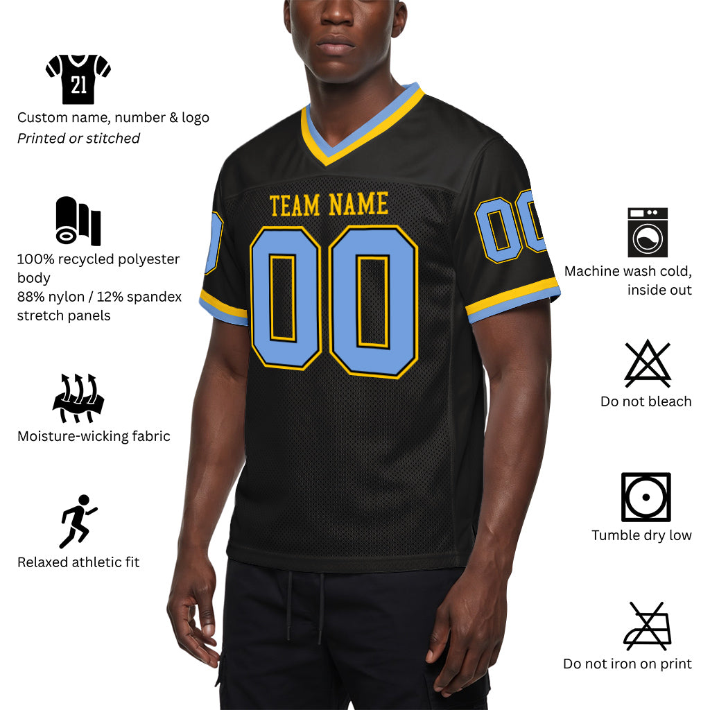 Custom Black Light Blue-Gold Mesh Throwback Mesh Football Jersey