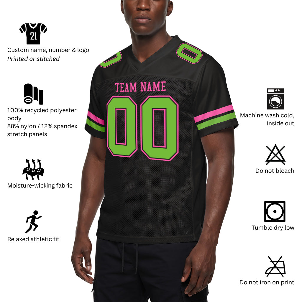 Custom Black Neon Green-Pink Mesh Football Jersey