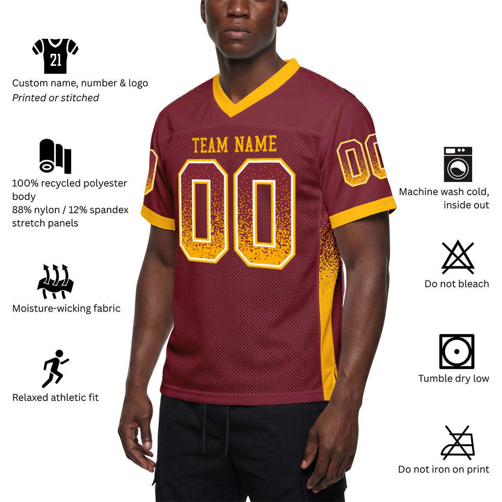 Custom Burgundy Gold-White Mesh Drift Fashion Mesh Football Jersey