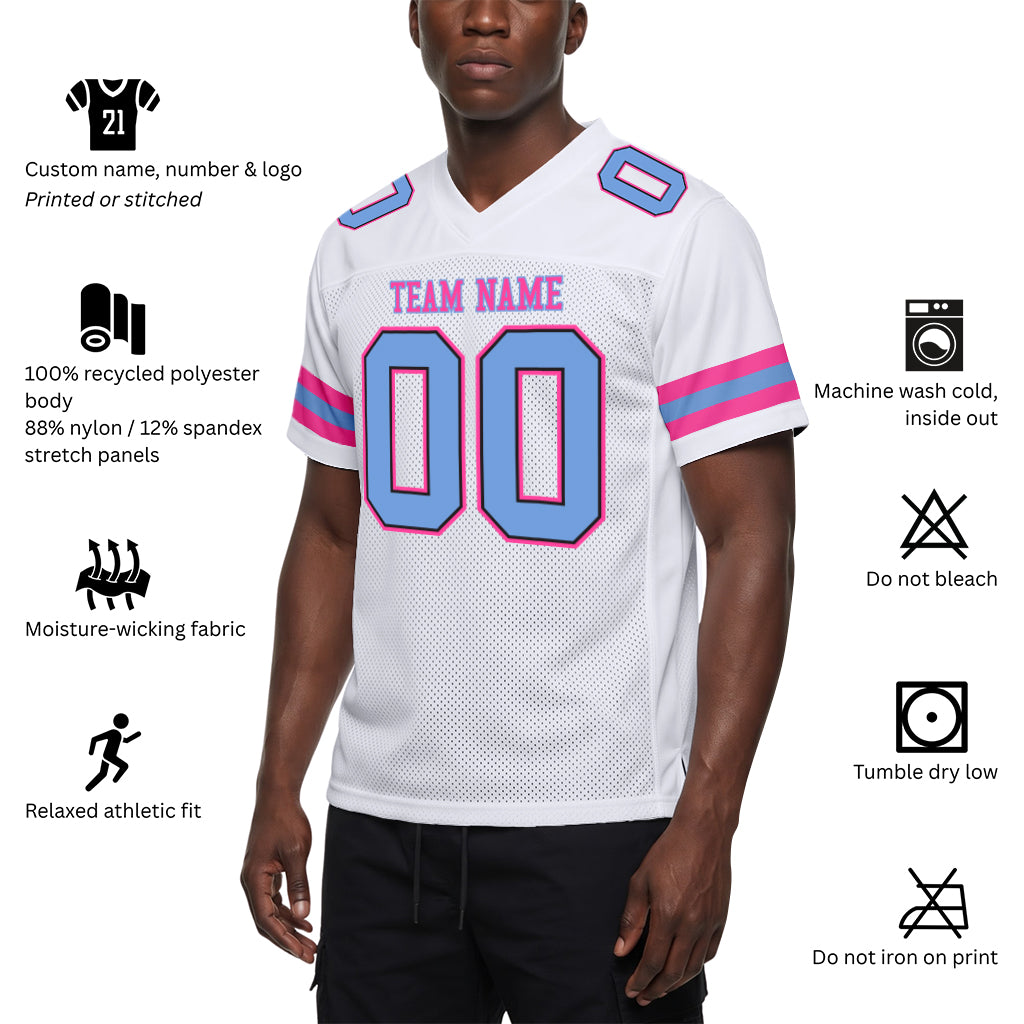Custom White Light Blue-Pink Mesh Football Jersey