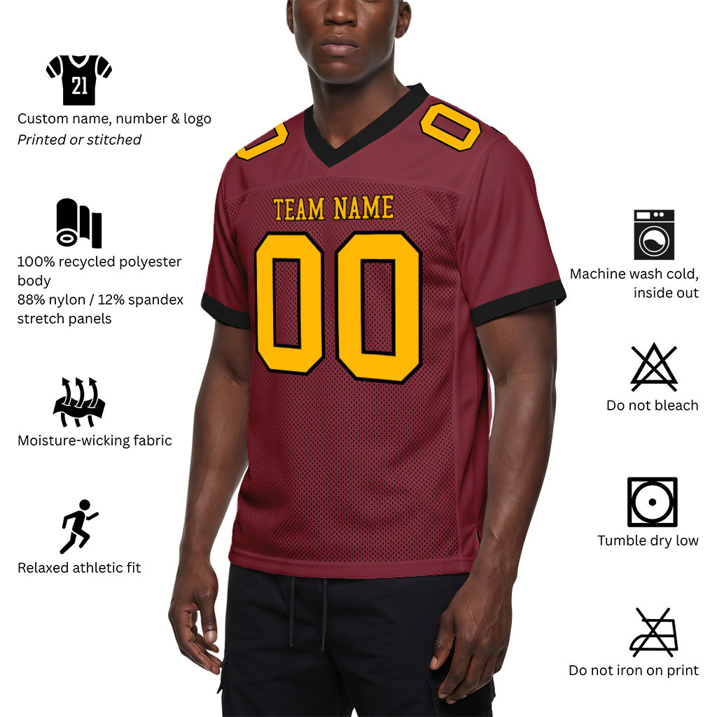 Custom Burgundy Gold-Black Mesh Football Jersey