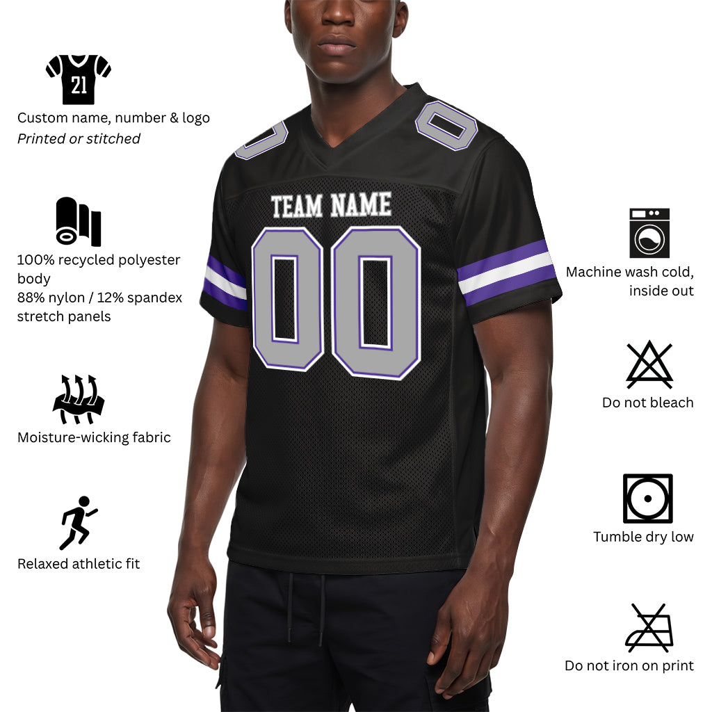Custom Black Gray-Purple Mesh Football Jersey