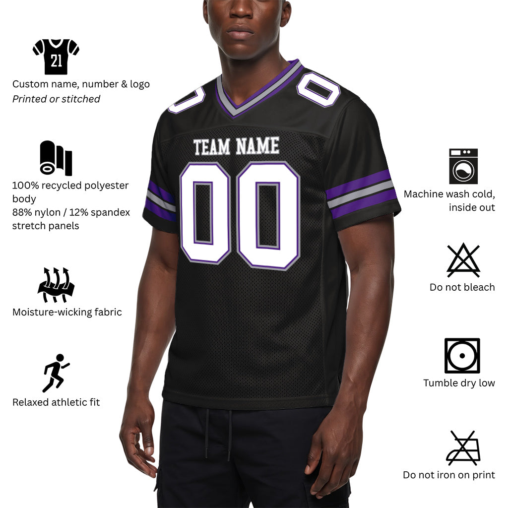 Custom Black White Purple-Gray Mesh Football Jersey